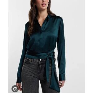 Express Portofino Shirt Women Small Green Cropped‎ Satin Tie-Waist Blouse